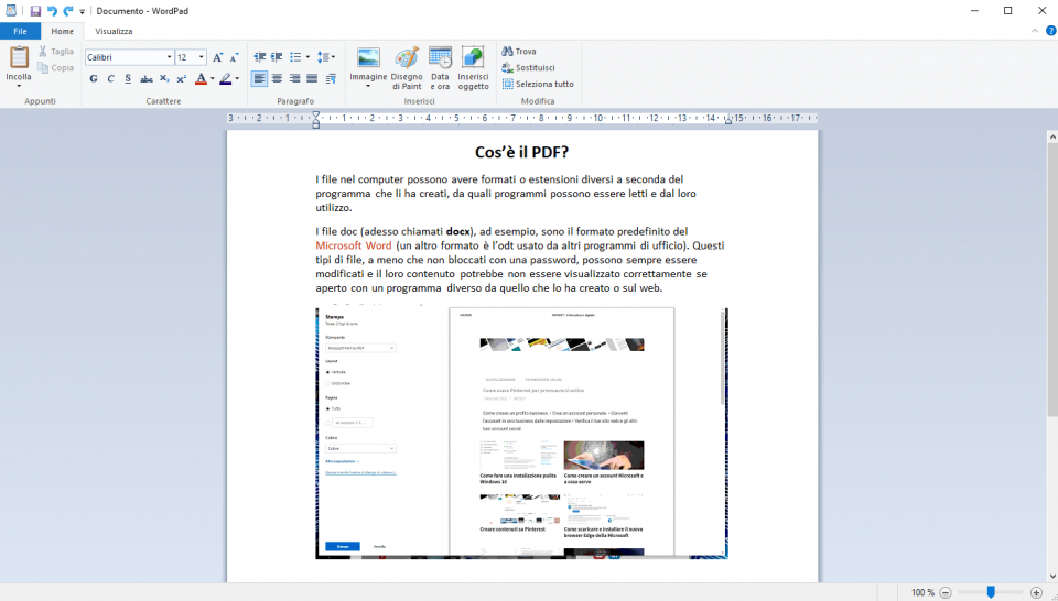Esempio di documento scritto su WordPad