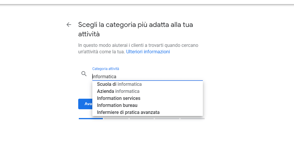 Google My Business - Indica la categoria dell'attività