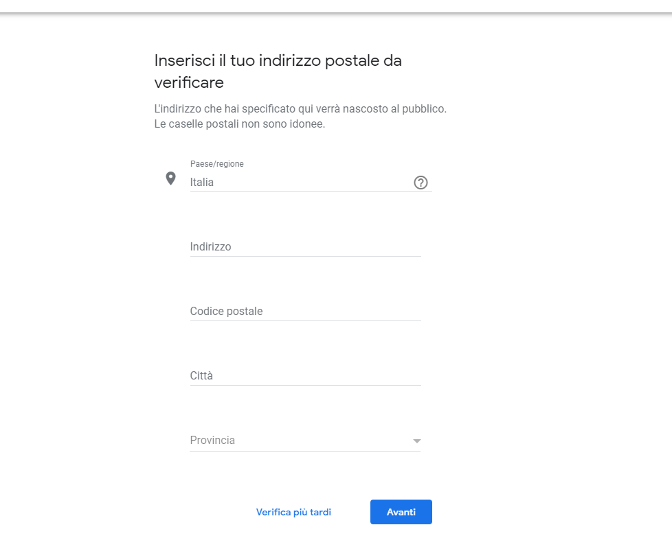 Google My Business - Inserisci l'indirizzo per la verifica