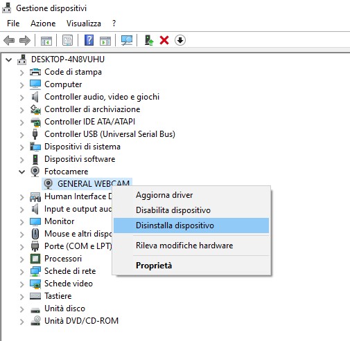 Disinstallare fotocamera