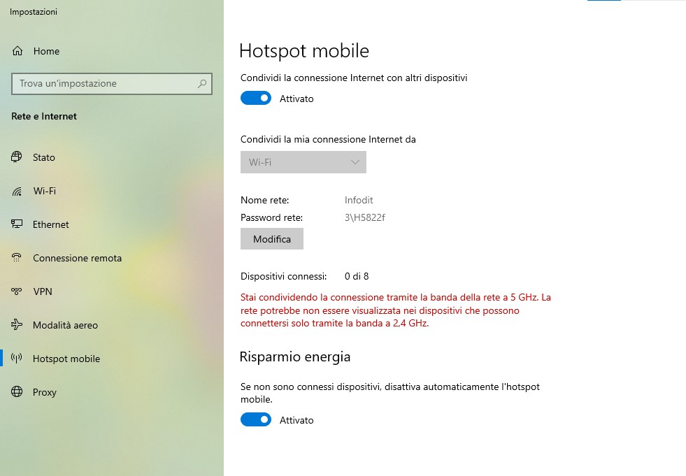 L'immagine mostra il riquadro per attivare l'hotspot mobile su Windows