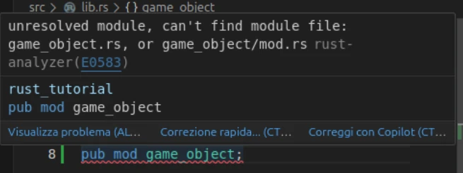 Quando scriviamo il nome di un modulo che non esiste ancora, Rust ci suggerirà di crearlo automaticamente.
